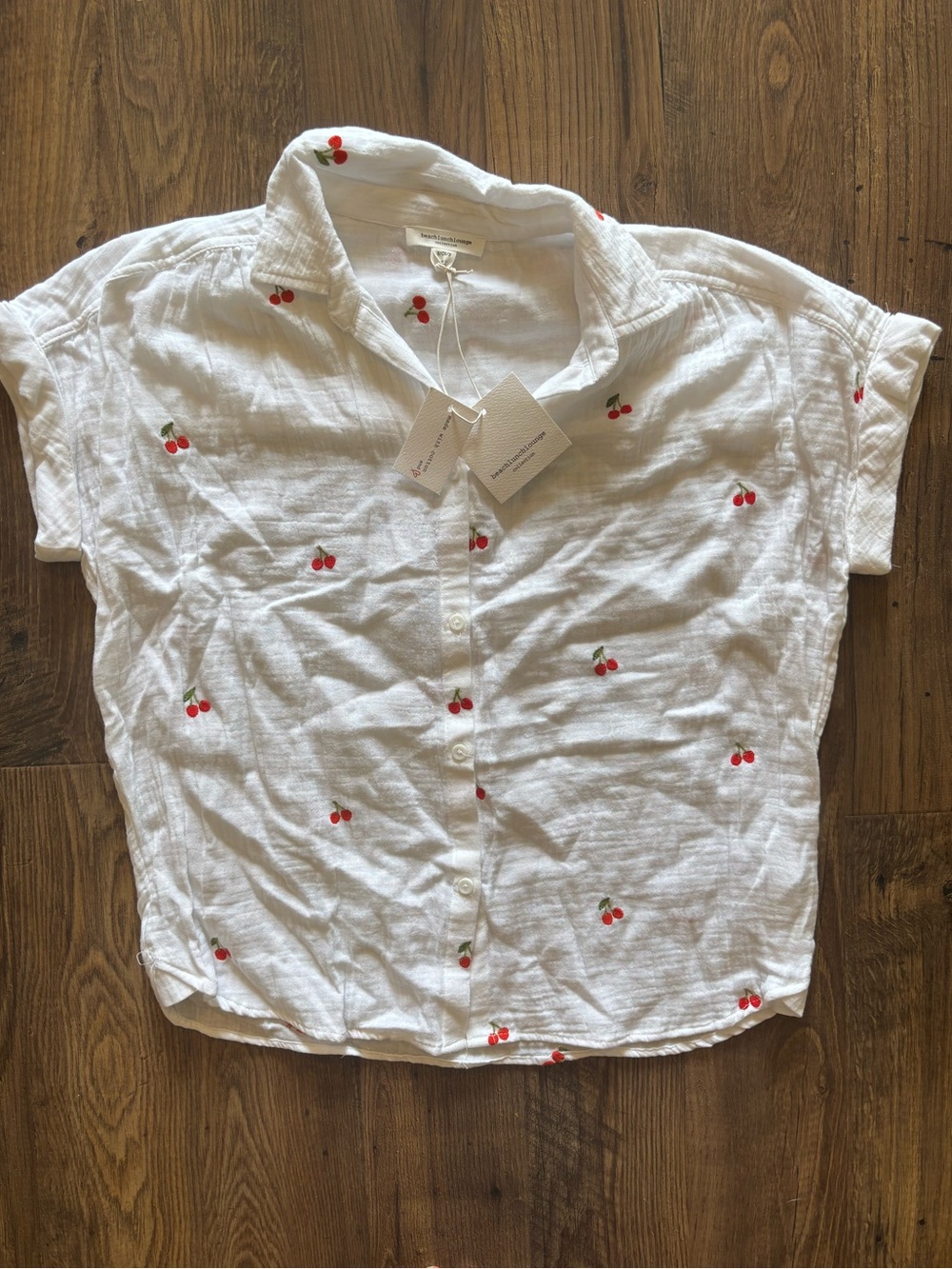 beachlunchlounge White Button-Down Shirt with Red Cherry Embroidery